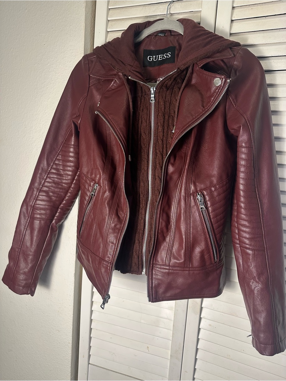 GUESS Women's Wine Faux Leather Moto Jacket with Hooded Liner